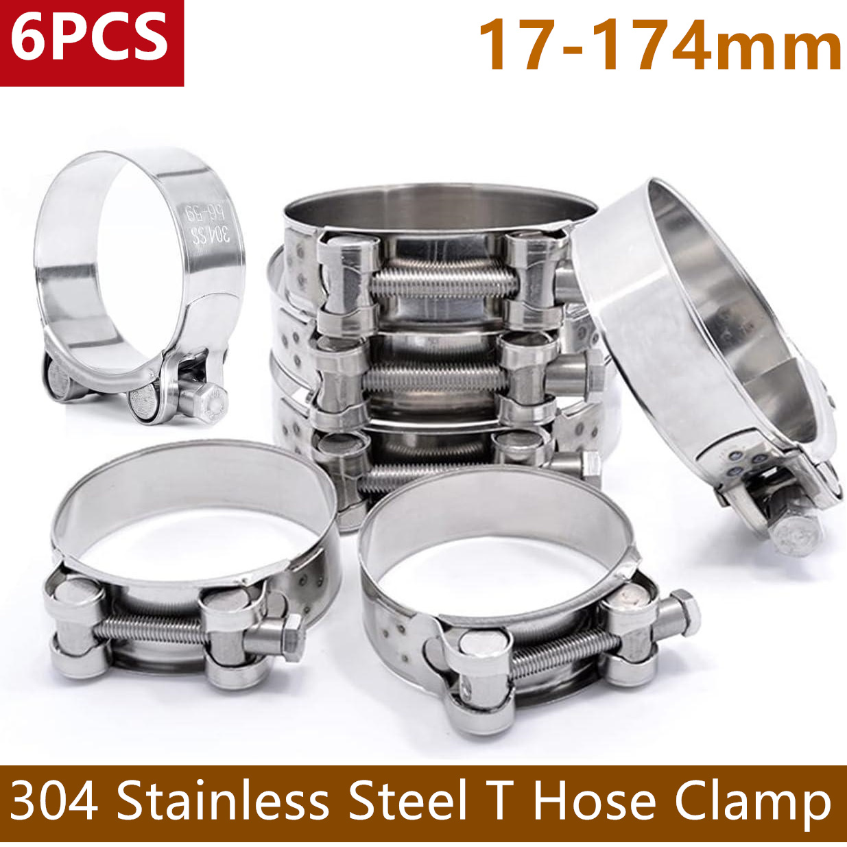 T-Bolt Hose Clamps Stainless Steel Turbo - 6 قطعة 304 خرطوم الفولاذ المقاوم
